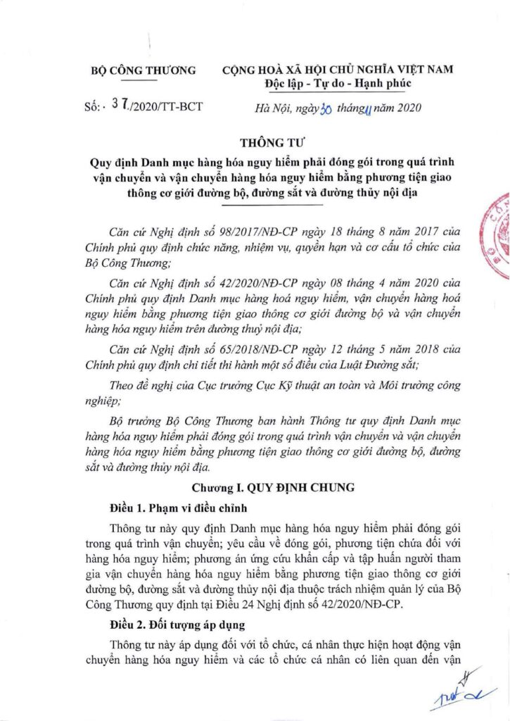 Thong Tu 37 2020 Tt Bct Hang Hoa Nguy Hiem Phai Dong Goi Trong Qua Trinh Van Chuyen